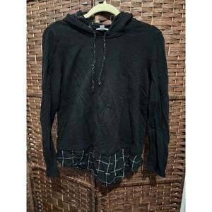 J. Jill Women's Black Hoodie Plaid Layered Hem Long Sleeve Pullover XS